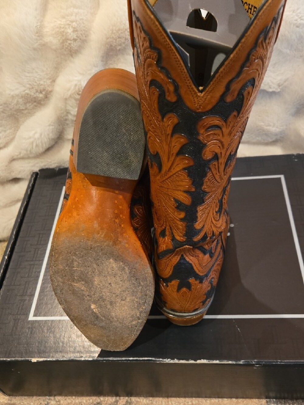 Lucchese Black And Brown Tooled Leather Cowboy Boots - Picture 5 of 9
